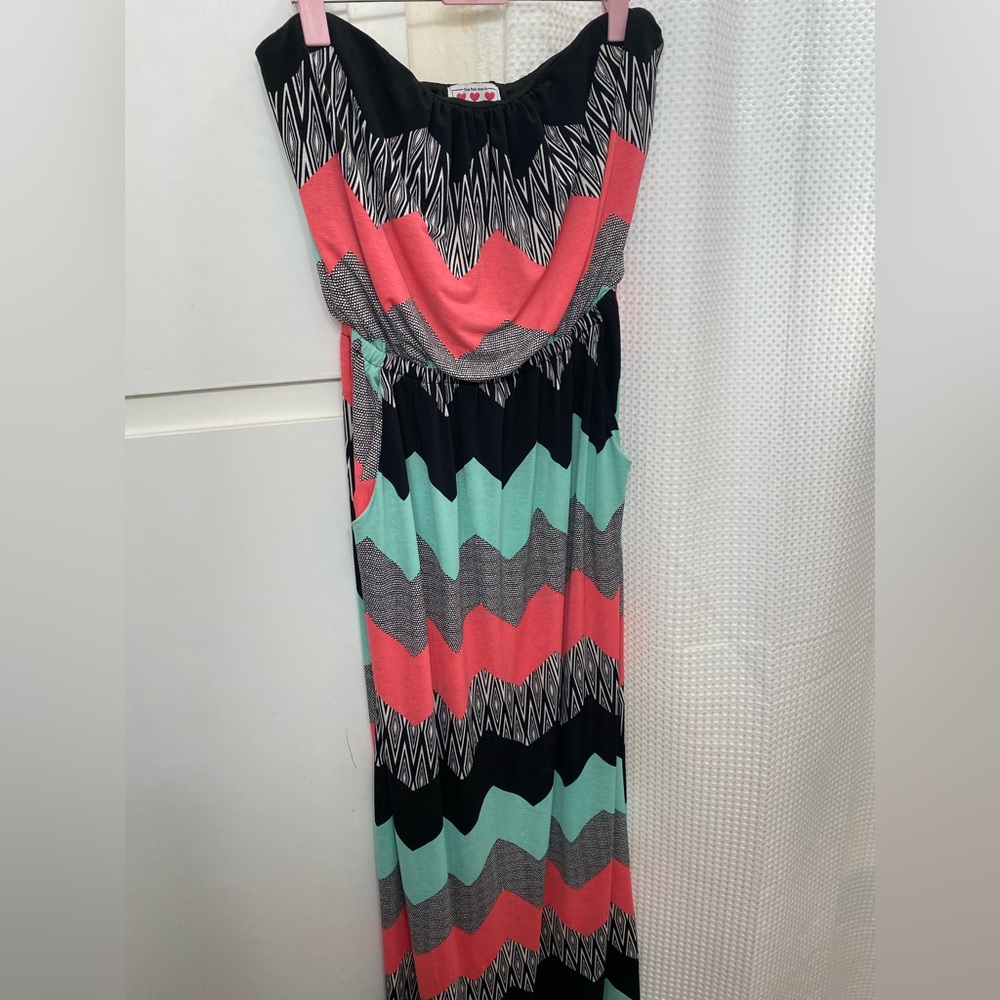 Strapless Multi Color Maxi Dress with Pockets